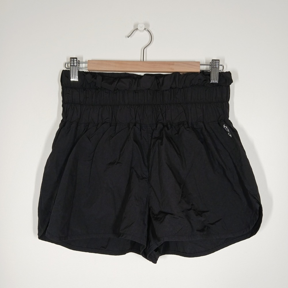 FP Movement Way Home Shorts Women Large Black Nylon Smocked High Rise Athletic
